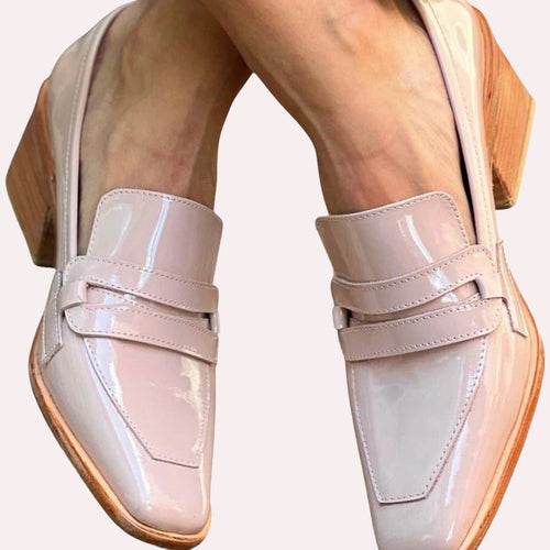 ZOFIA ATELIER Adria chic square toe patent loafers in light pink with a wooden block heel.