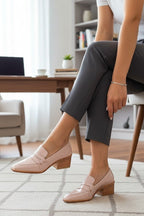 ZOFIA ATELIER Adria chic square toe patent loafers in pale pink with block heel. Women's dress shoes.