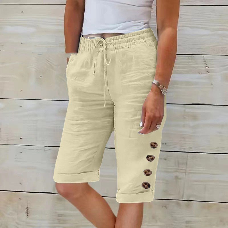 ZOFIA ATELIER apricot cotton linen blend wide leg capri pants with elastic waist and button detail