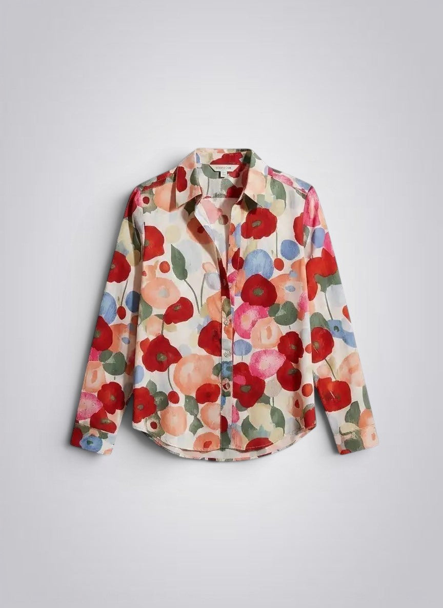 ZOFIA ATELIER BEATA floral long sleeve blouse with notched collar and button front. Features a watercolor-style floral print in red, pink, orange, and blue.