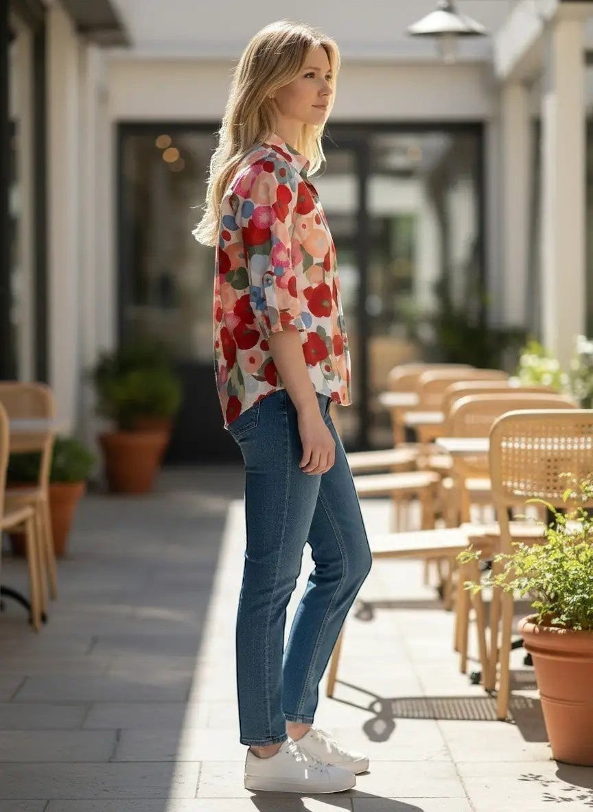 ZOFIA ATELIER BEATA floral long sleeve blouse with notched collar in red, pink, and blue.