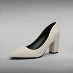 ZOFIA ATELIER beige suede pointed toe chunky heel pumps