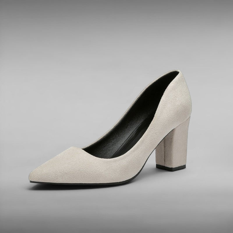 ZOFIA ATELIER beige suede pointed toe chunky heel pumps