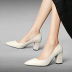 ZOFIA ATELIER beige suede pointed toe pumps with chunky heel