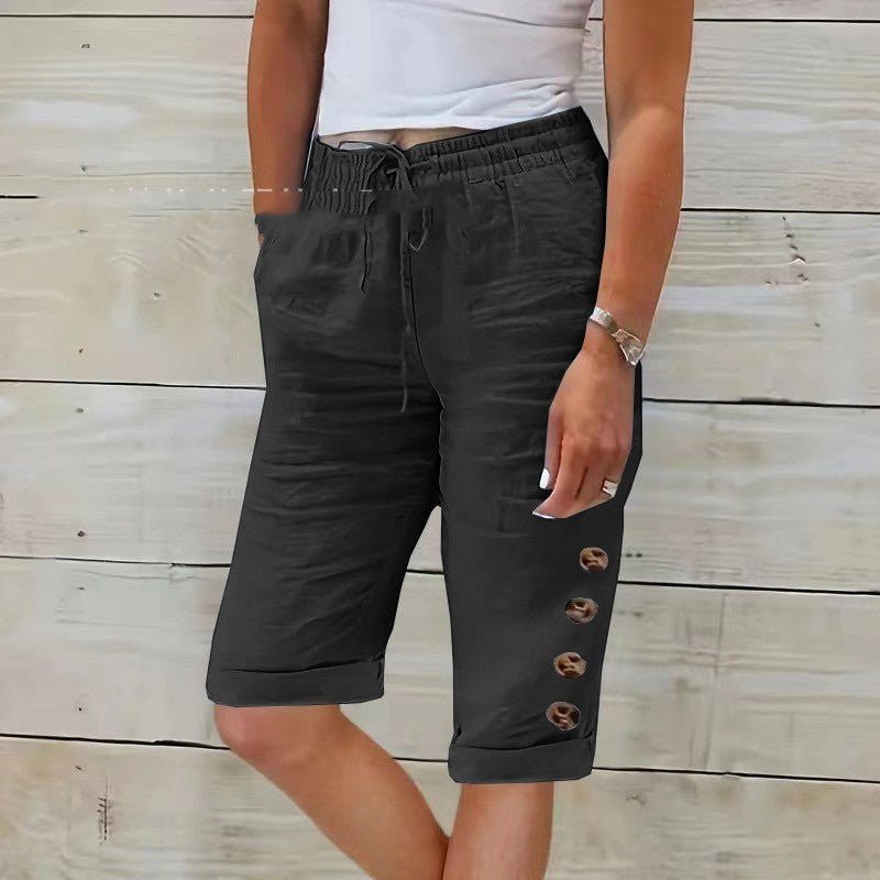 ZOFIA ATELIER black cotton linen wide leg capri pants with elastic high waist and decorative buttons