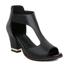 ZOFIA ATELIER black artificial PU platform sandals with back zipper and fish mouth toe.