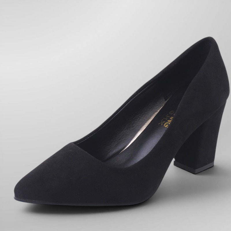 ZOFIA ATELIER black faux suede pointed toe shallow heels with a block heel.