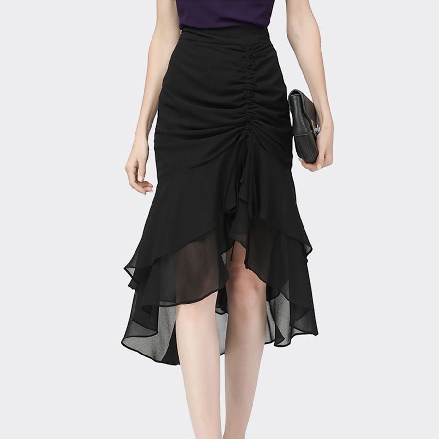 ZOFIA ATELIER black polyester sheath skirt with ruched front and ruffled hem