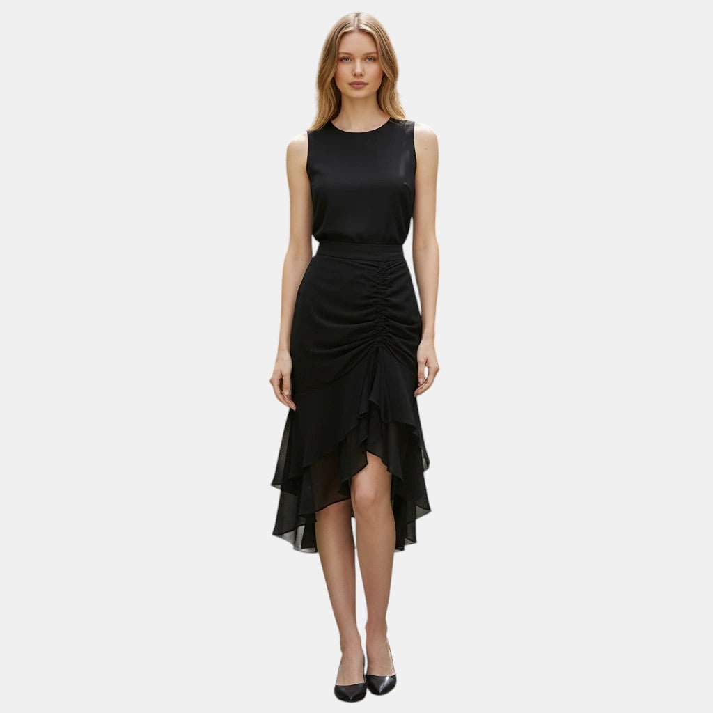 ZOFIA ATELIER black polyester sheath skirt with ruched front and tiered ruffle hem