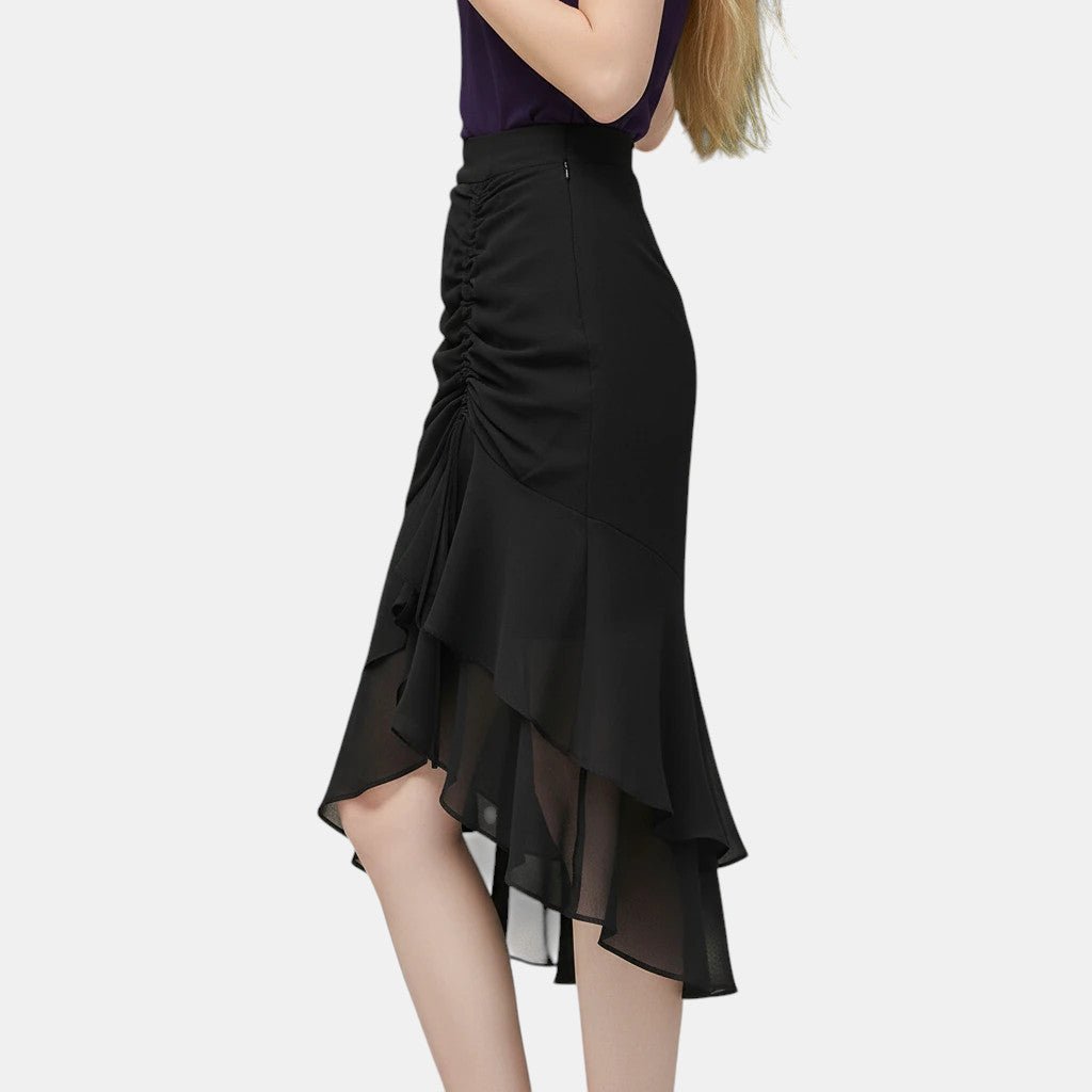 ZOFIA ATELIER Natalia black floral sheath skirt with ruched side and ruffled hem, polyester