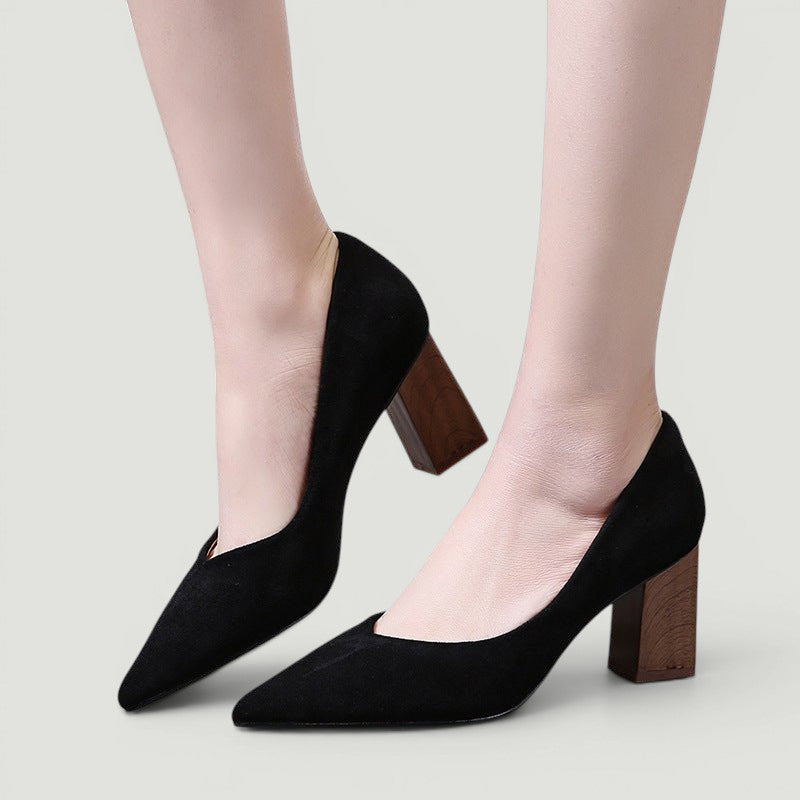 ZOFIA ATELIER black suede pointed-toe thick-heeled shoes with wood-effect block heels.