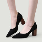 ZOFIA ATELIER black suede pointed-toe thick-heeled shoes with wood-effect block heels.