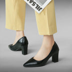 ZOFIA ATELIER black suede pointed toe pumps with a chunky heel and a low-cut vamp.