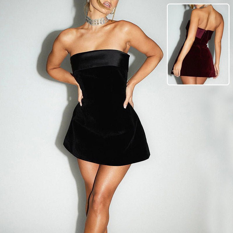 ZOFIA ATELIER black velvet tube-top A-line mini dress with satin band detail, sleeveless with zipper closure.