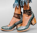 ZOFIA ATELIER blue crocodile pattern high-top buckle shoes with square heel and round toe.