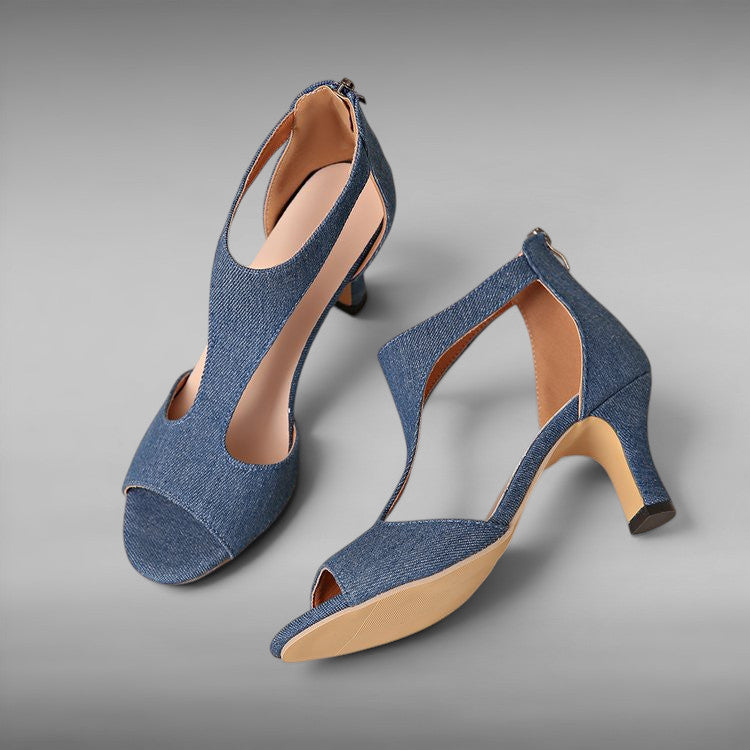 ZOFIA ATELIER blue denim strappy gladiator sandals with peep toe and mid-heel.