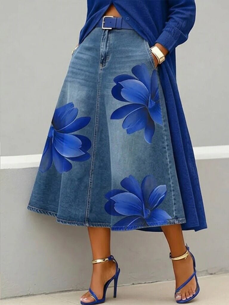 ZOFIA ATELIER blue denim-style midi skirt with large floral print, A-line fit, polyester