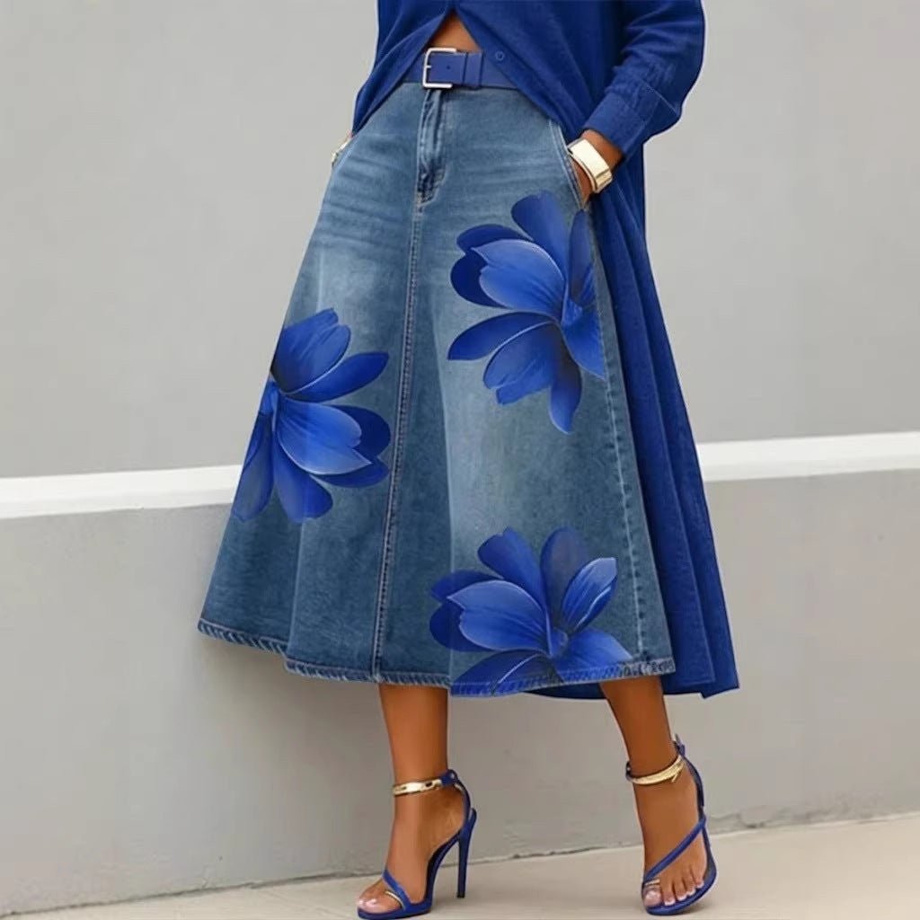 ZOFIA ATELIER blue denim-style midi skirt with large floral print, A-line fit, polyester
