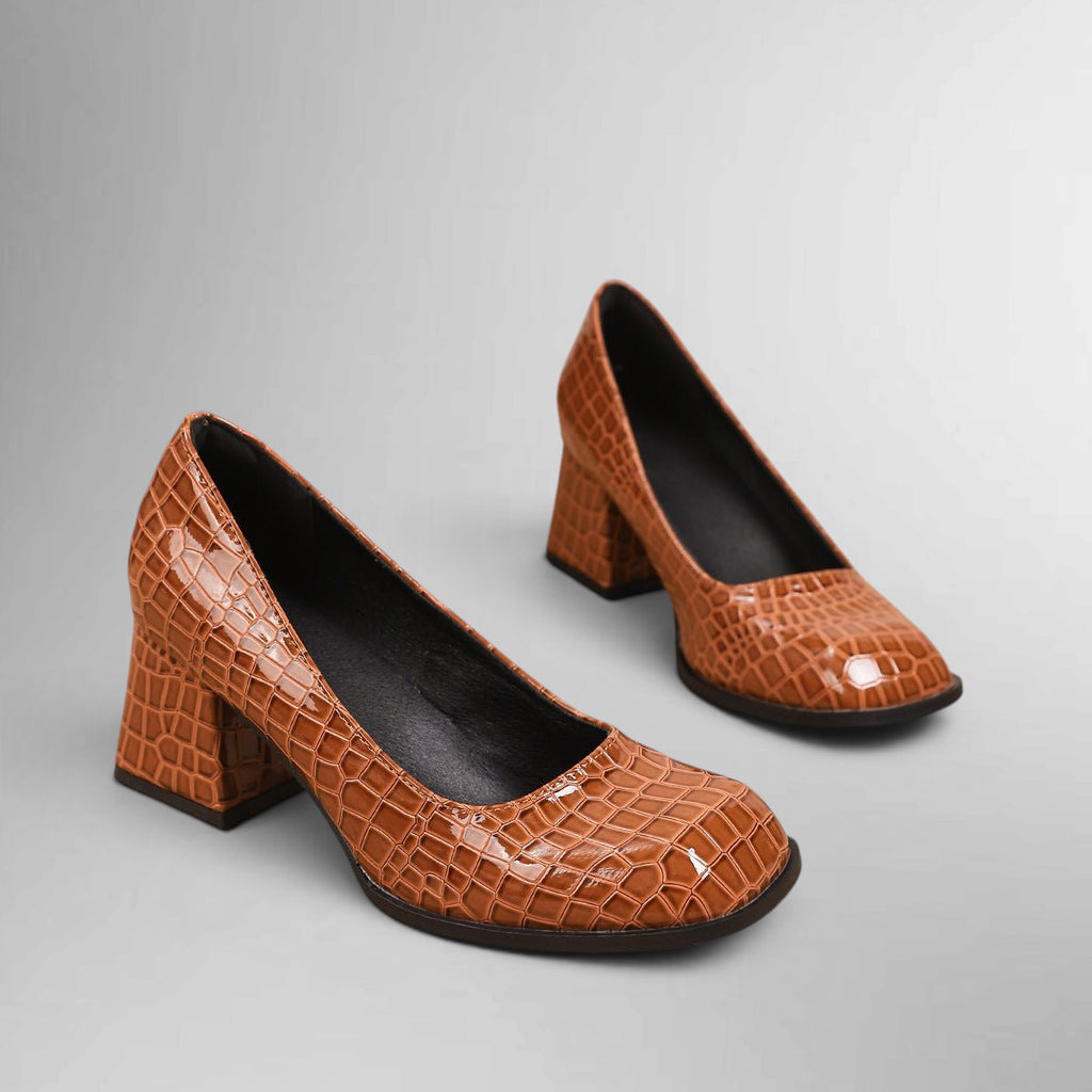 ZOFIA ATELIER brown patent leather chunky heel pumps with square toe and crocodile embossed texture.