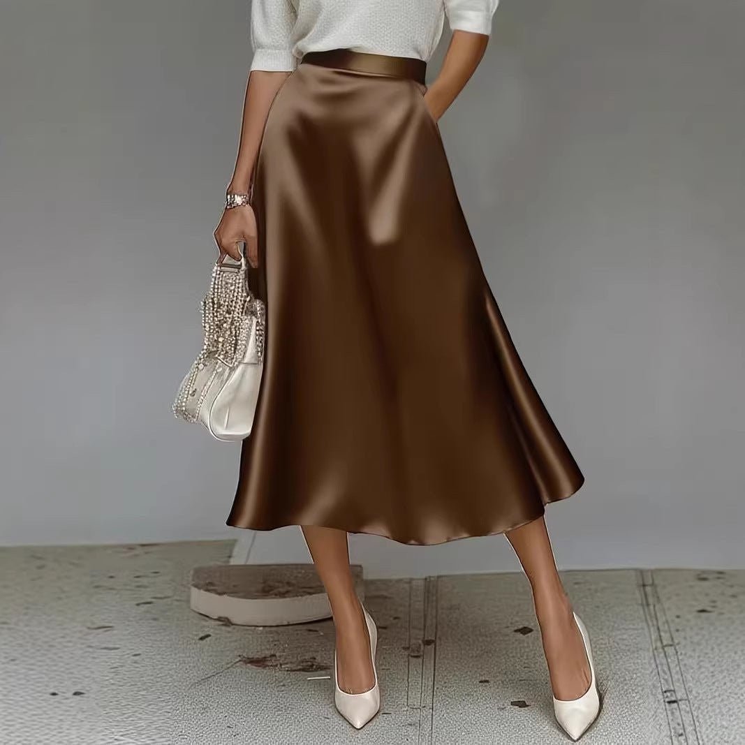 ZOFIA ATELIER brown satin mid-length skirt with a slight stretch fit and elegant drape.