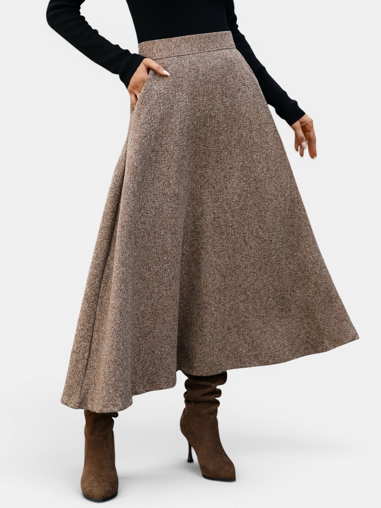 ZOFIA ATELIER brown wool blend A-line midi skirt with pockets and a flattering drape.