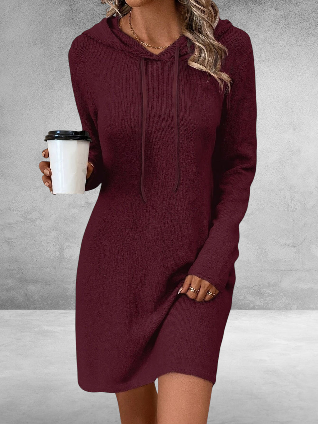 ZOFIA ATELIER burgundy long sleeve hooded polyester knit dress with drawstring detail