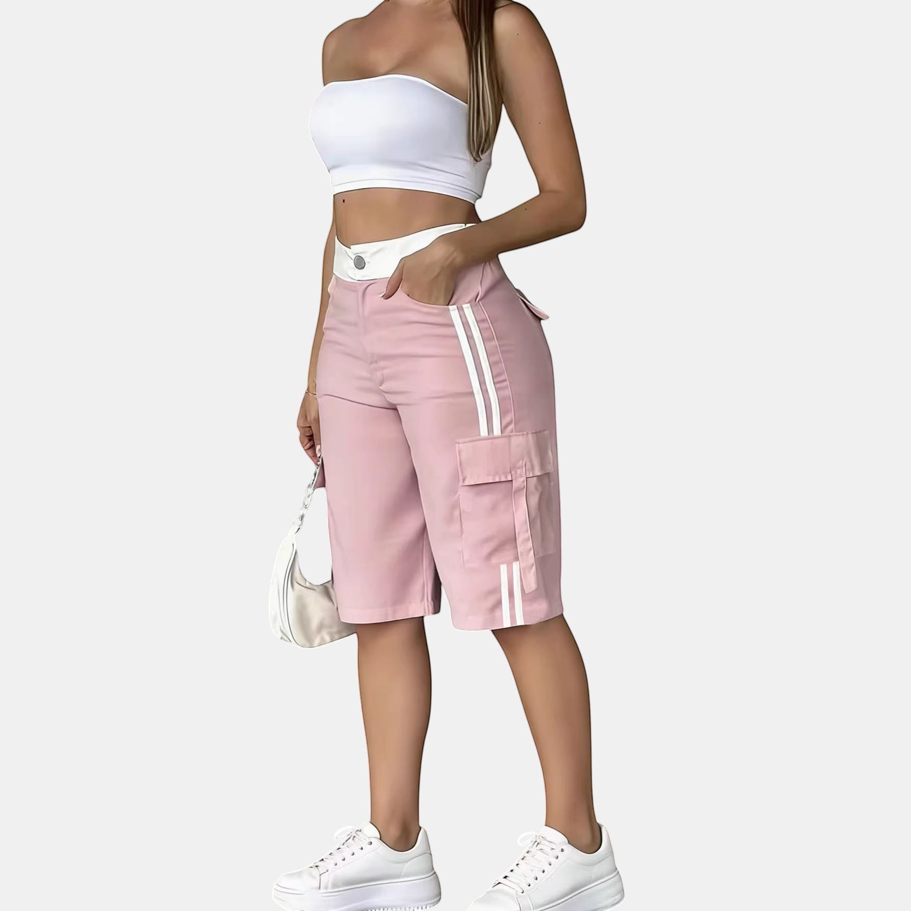 ZOFIA ATELIER calças cargo curtas rosa de cintura subida em poliéster com riscas brancas laterais e bolsos.