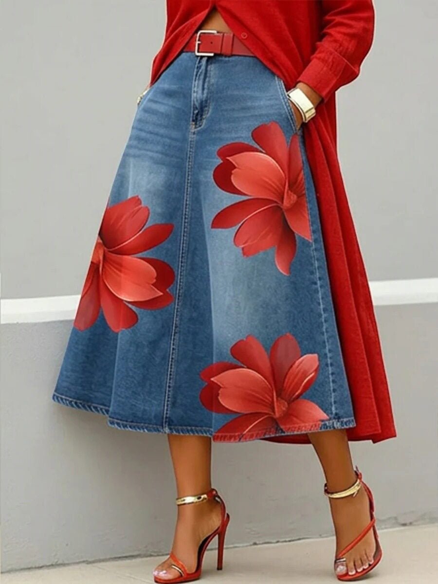ZOFIA ATELIER blue denim-style midi skirt with large red floral print, A-line fit, polyester