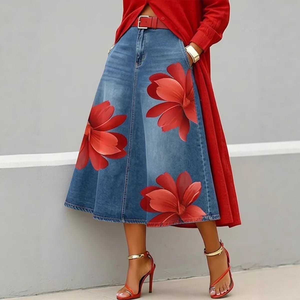 ZOFIA ATELIER blue denim-style midi skirt with large red floral print, A-line fit, polyester