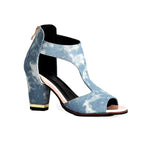 ZOFIA ATELIER light blue denim platform sandals with back zipper and fish mouth toe.