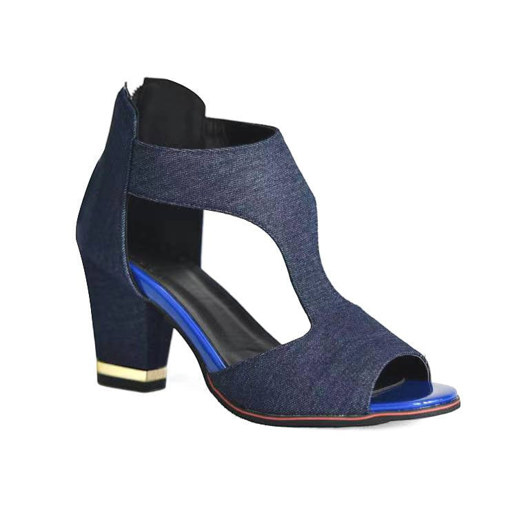 ZOFIA ATELIER dark blue denim platform sandals with back zipper and gold accent on heel.