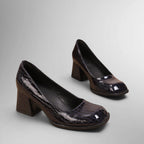 ZOFIA ATELIER GABRIELA chunky heel pumps in dark brown patent leather with square toe and crocodile embossed texture.