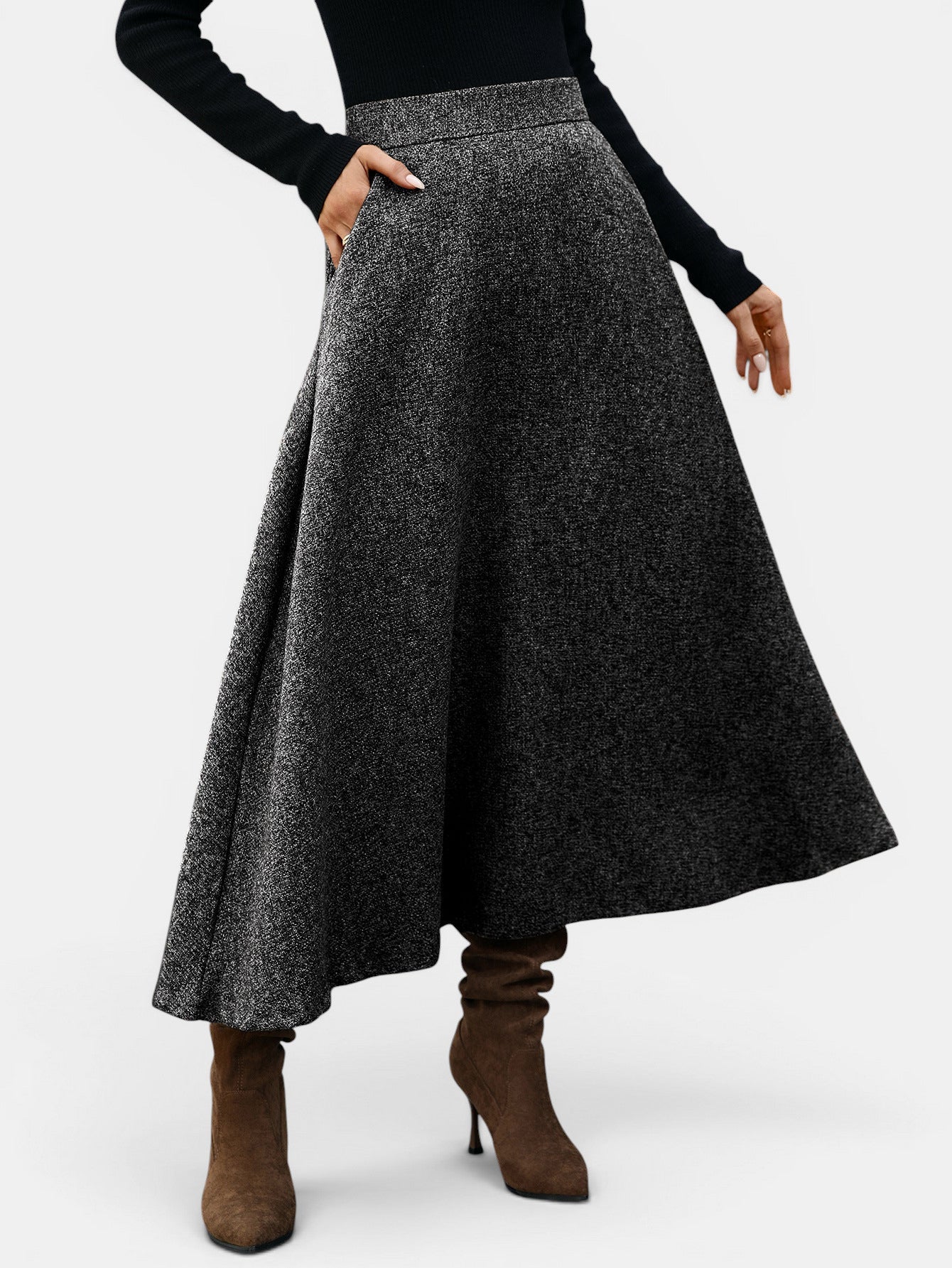 ZOFIA ATELIER gray wool-blend A-line midi skirt with pockets and a flattering drape.