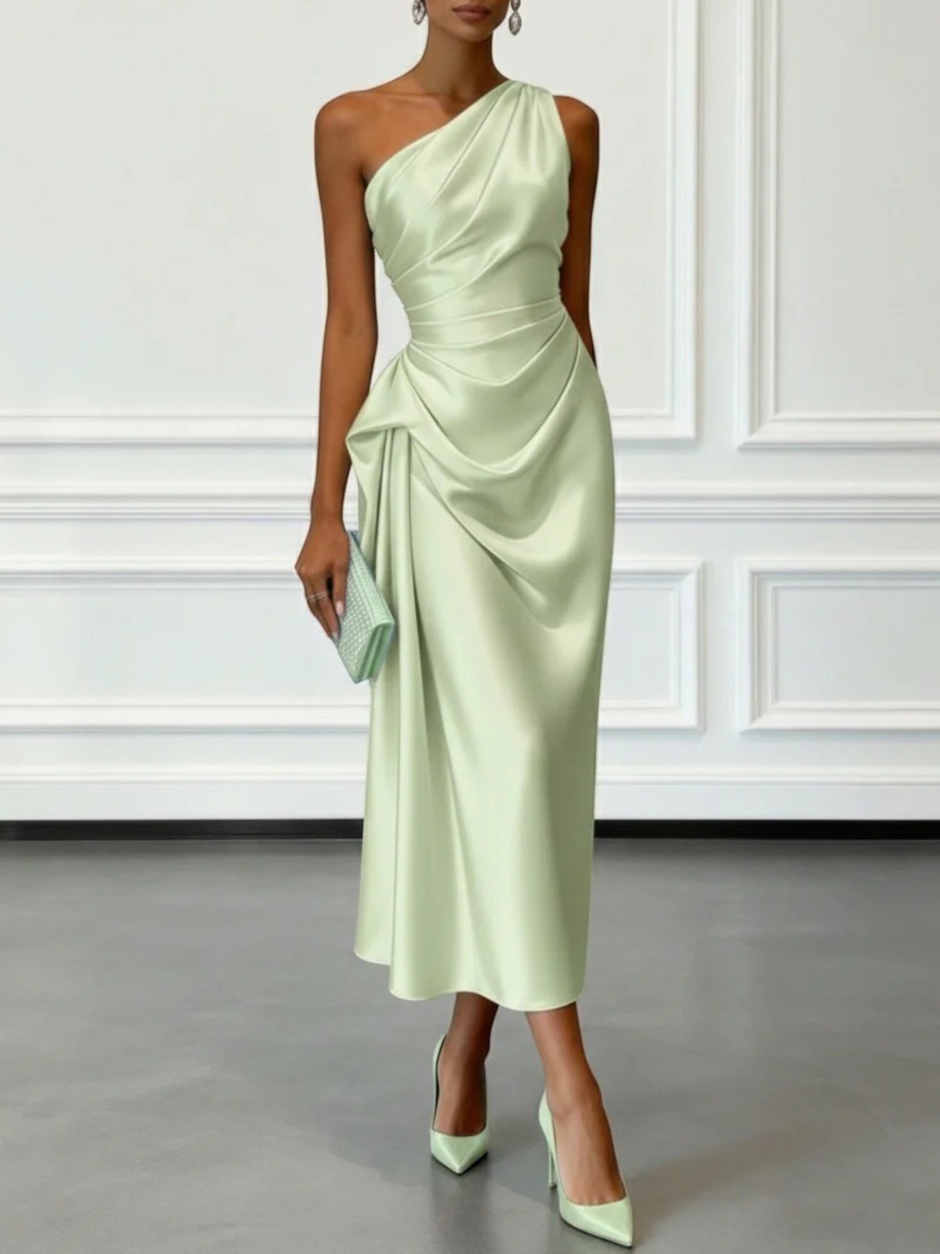ZOFIA ATELIER light green satin one-shoulder midi dress with waist-cinching detail and draped skirt.