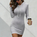 ZOFIA ATELIER light grey ribbed long sleeve hooded mini dress with white drawstring