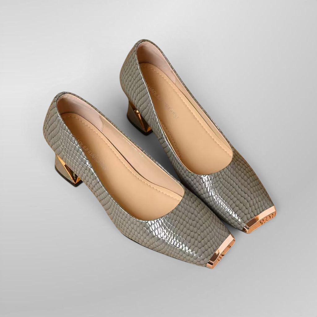 ZOFIA ATELIER grey snake pattern square toe chunky heel slip-on shoes with gold toe cap detail