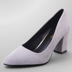 ZOFIA ATELIER light grey faux suede pointed toe block heel pumps with imitation leather lining.