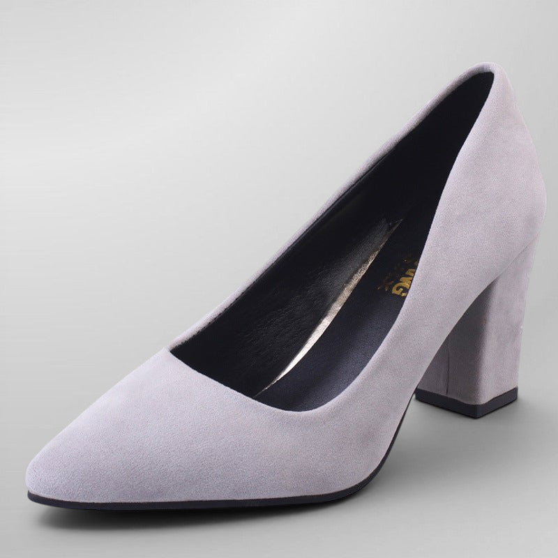 ZOFIA ATELIER light grey faux suede pointed toe block heel pumps with imitation leather lining.