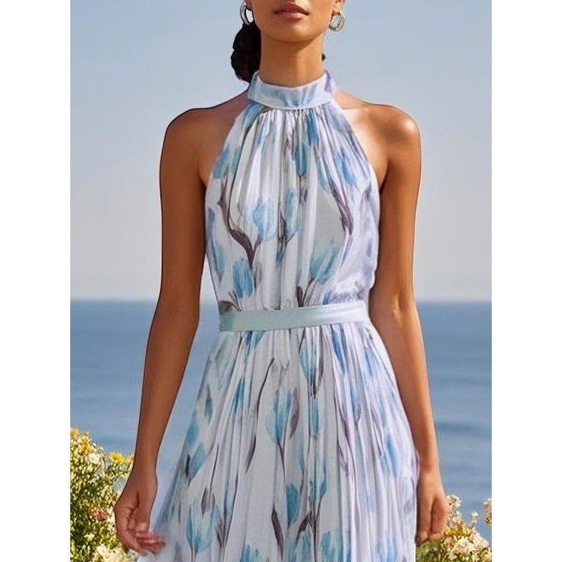 ZOFIA ATELIER WIKTORIA halter swing maxi dress with blue floral print and light blue belt