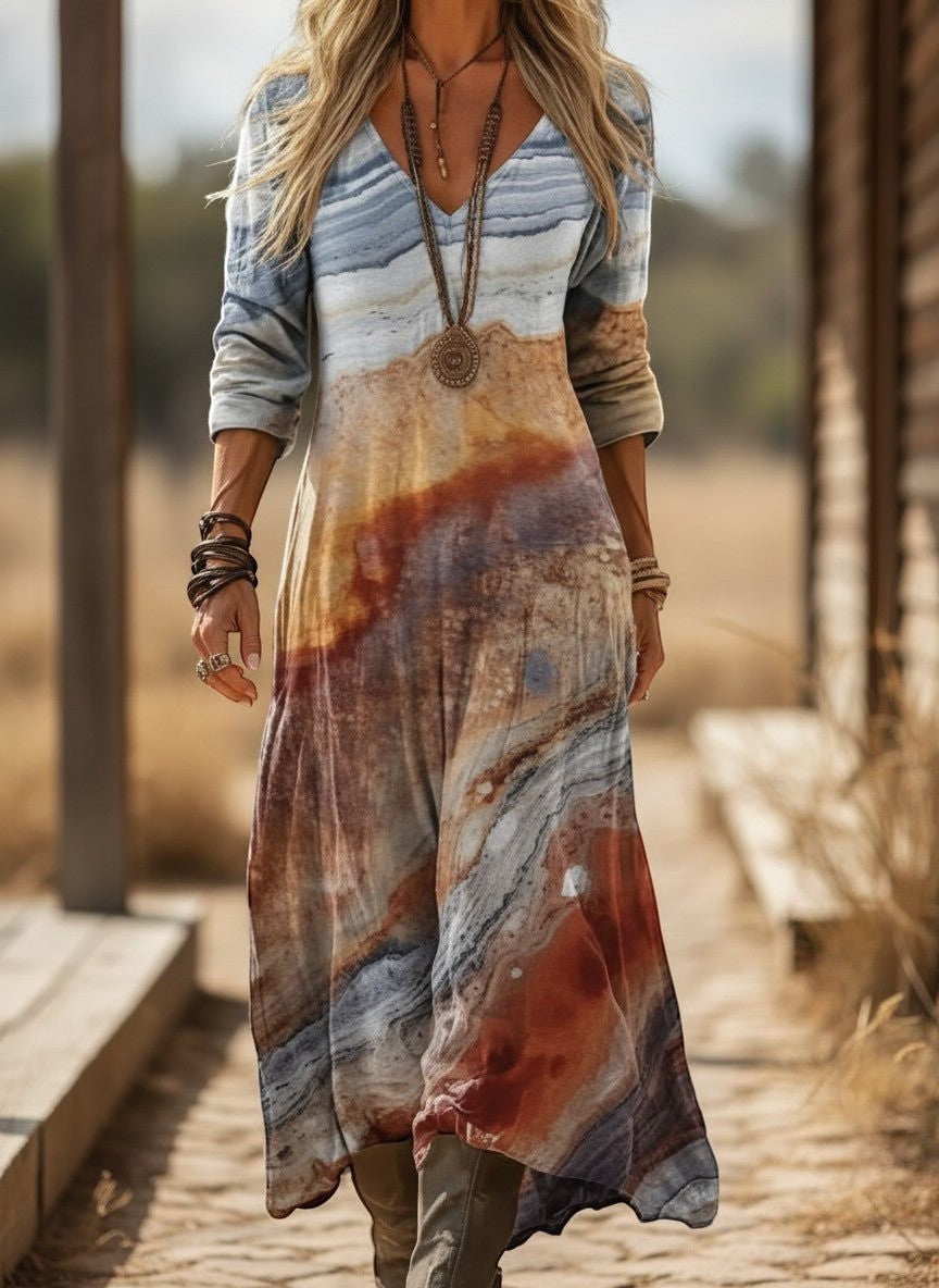 ZOFIA ATELIER JOLANTA watercolor boho maxi dress with V-neck and long sleeves in earthy tones.