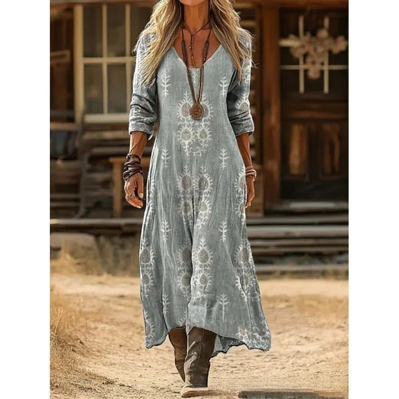 ZOFIA ATELIER JOLANTA watercolor boho maxi dress with V-neck and long sleeves in light grey with white print.