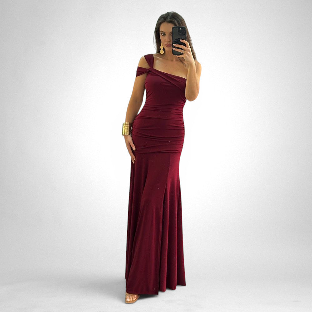 ZOFIA ATELIER Karolina slim fit wine red polyester dress with oblique shoulder and high waist