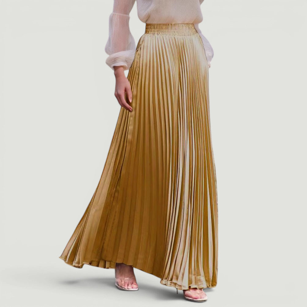 ZOFIA ATELIER KRYSTYNA gold pleated high-waisted polyester maxi skirt with slight elasticity.