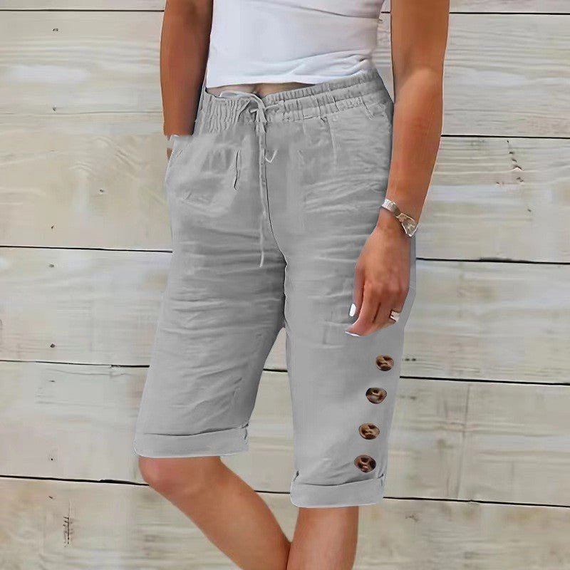 ZOFIA ATELIER light gray cotton linen blend capri pants with elastic high waist and button detail