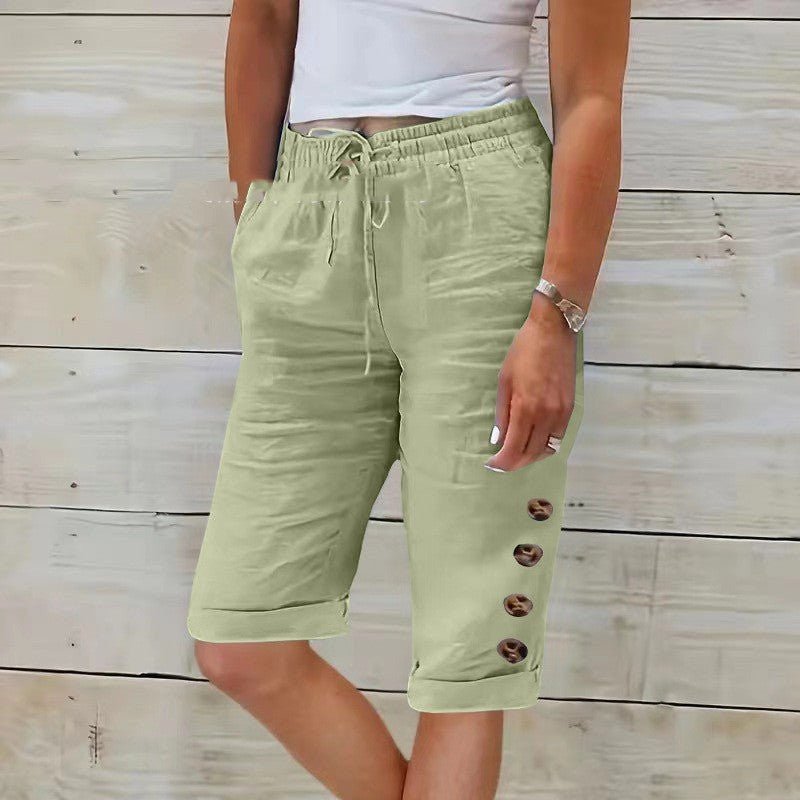 ZOFIA ATELIER light green cotton linen wide leg capri pants with elastic waist and button detail