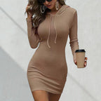 ZOFIA ATELIER long sleeve ribbed knit mini dress with hood and drawstring, in a taupe color.