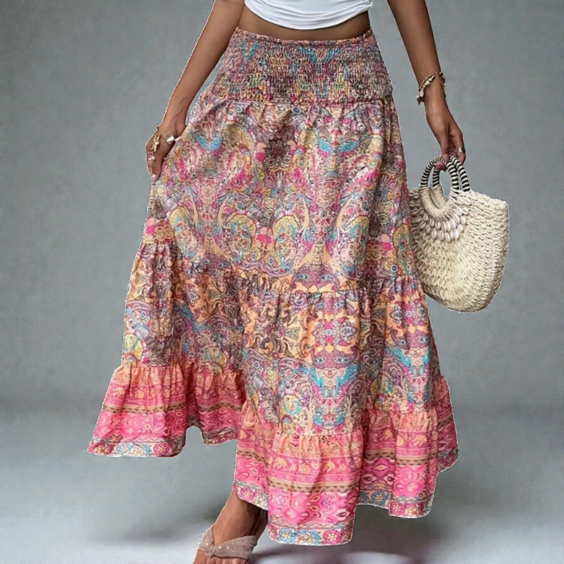 ZOFIA ATELIER artistic vintage maxi skirt with a colorful paisley print, tiered ruffles, and elastic waistband.