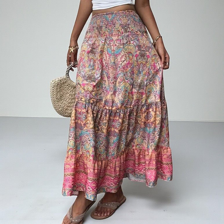 ZOFIA ATELIER artistic vintage maxi skirt with a colorful paisley print, tiered ruffles, and elastic waistband.