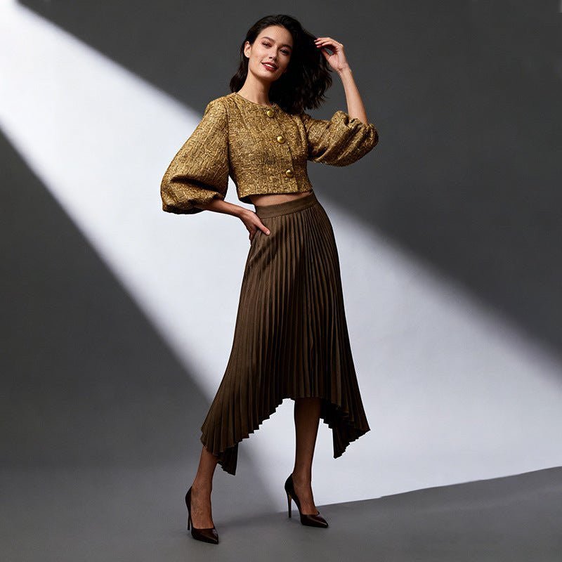 ZOFIA ATELIER Natalia pleated midi skirt in khaki polyester with a high-waist design and asymmetrical hem.
