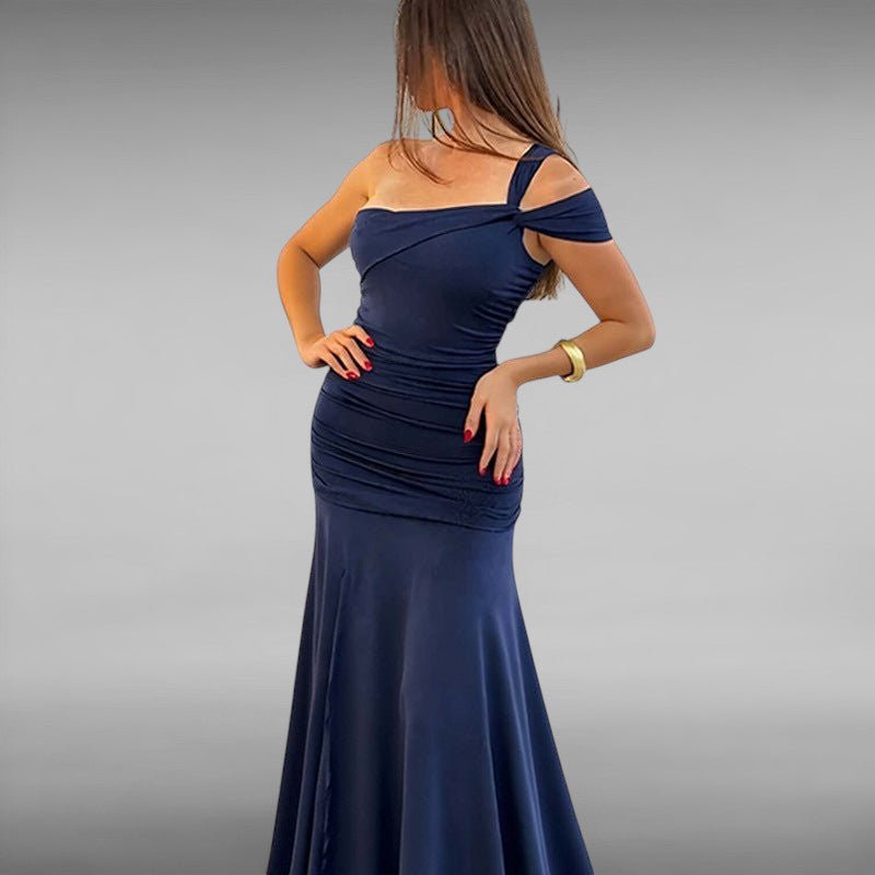 ZOFIA ATELIER navy blue polyester A-line maxi dress with ruched waist and off-the-shoulder design